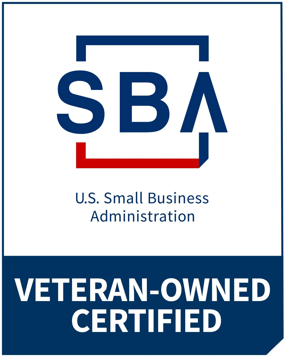 Logo for the U.S. Small Business Administration with the initials SBA in blue, and the words "U.S. Small Business Administration" below. A red and blue border surrounds the logo, and there is a dark blue block at the bottom with the white text "VETERAN-OWNED CERTIFIED."