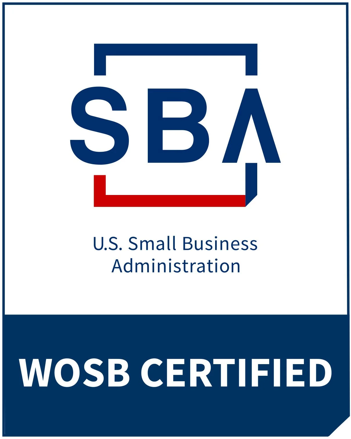 Logo of the U.S. Small Business Administration with the abbreviation SBA in blue and a red underline, and text indicating WOSB Certification.