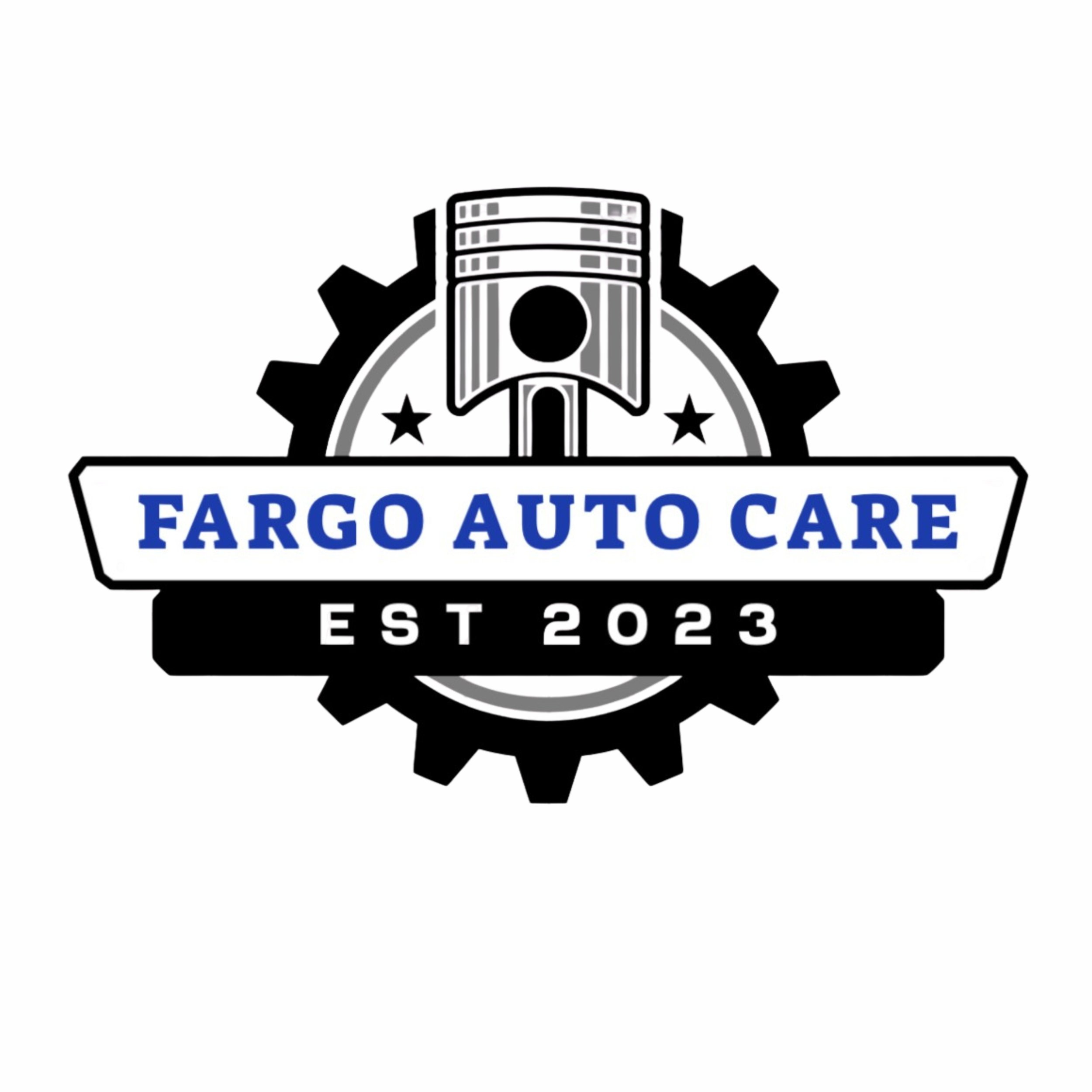 Logo for Fargo Auto Care with a gear and a piston, established in 2023.