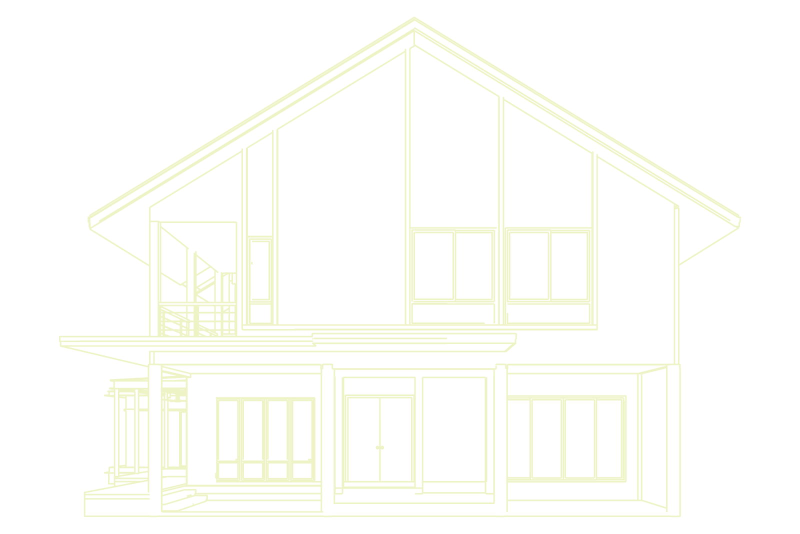 Line drawing of a modern two-story house with large windows, a front door, a porch, an extended roof, and stairs leading up to the porch.