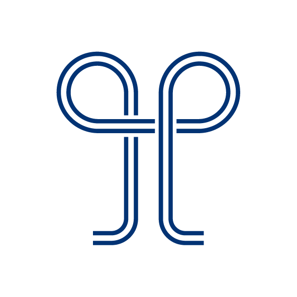 A minimalist logo featuring two interconnected, stylized blue lines forming the shape of a butterfly or bow against a black background.