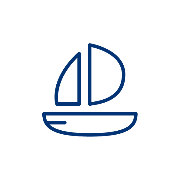 Simple line drawing of a sailboat with a large sail, on water.