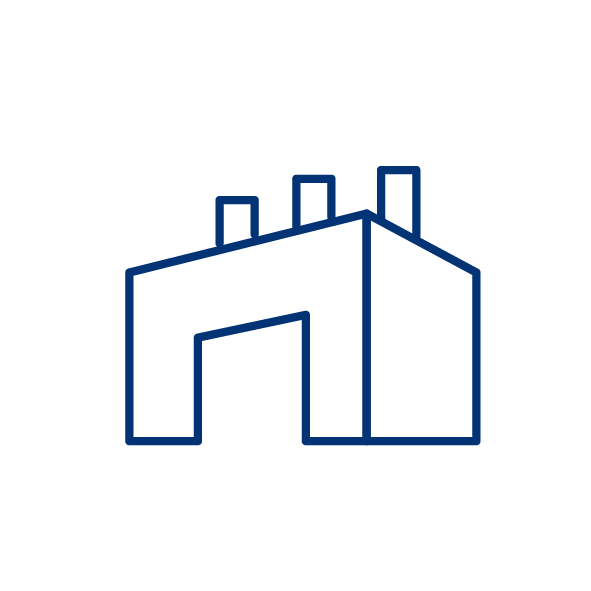 Outline drawing of a building with three chimneys on the roof, depicted in blue against a black background.