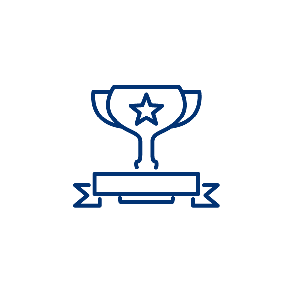 Outline of a trophy with a star in the center and a blank nameplate on a ribbon