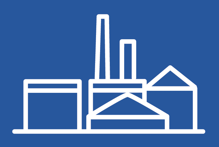 Outline drawing of an industrial factory with multiple buildings and chimneys on a blue background.