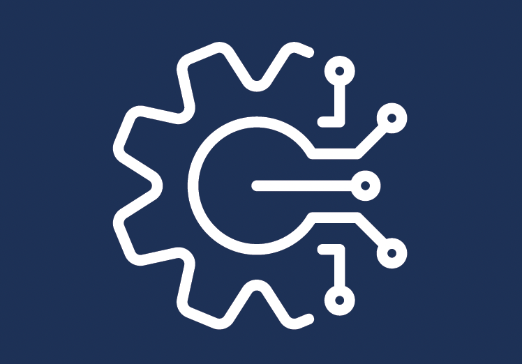 Stylized gear with circuit lines extending from it, representing technology or engineering.