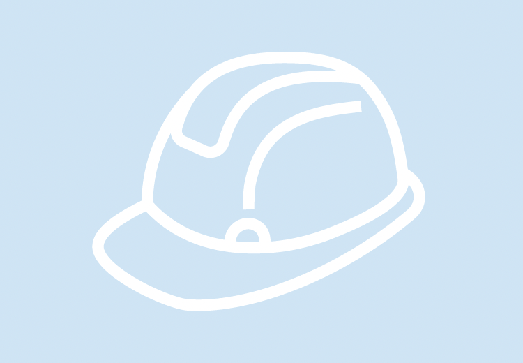 Line drawing of a construction hard hat on a light blue background.