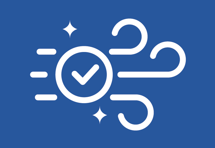 Icon of a checkmark inside a circle with wind lines, sparkles, and the number 2, representing speed or efficiency.