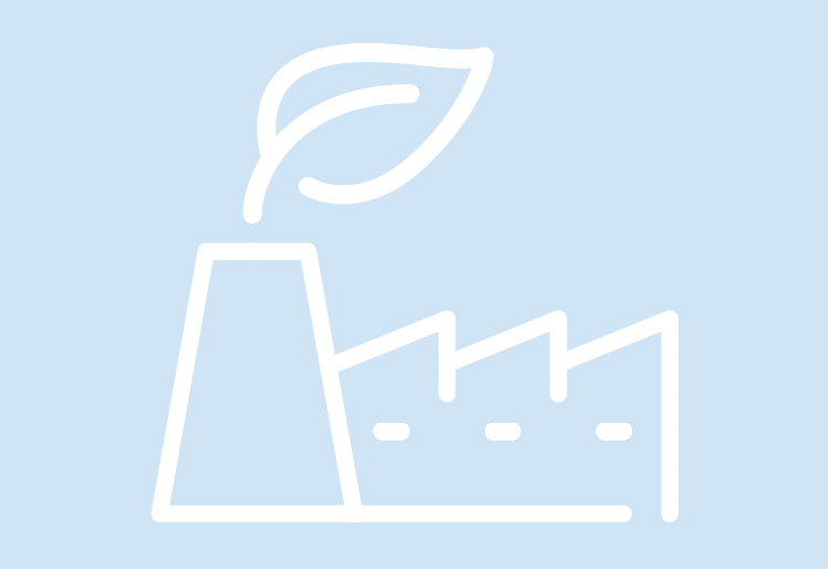 An outline drawing of a factory with a leaf growing from the chimney, symbolizing eco-friendly or sustainable manufacturing.