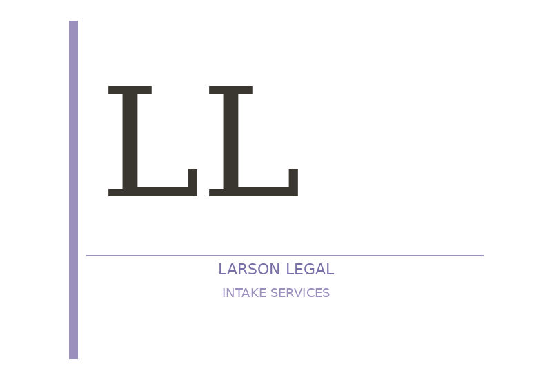 Logo featuring two large gray capital 'L's, with the words 'Larson Legal' and 'Intake Services' written below in purple, separated by a purple horizontal line. A vertical purple line runs along the left side of the logo.