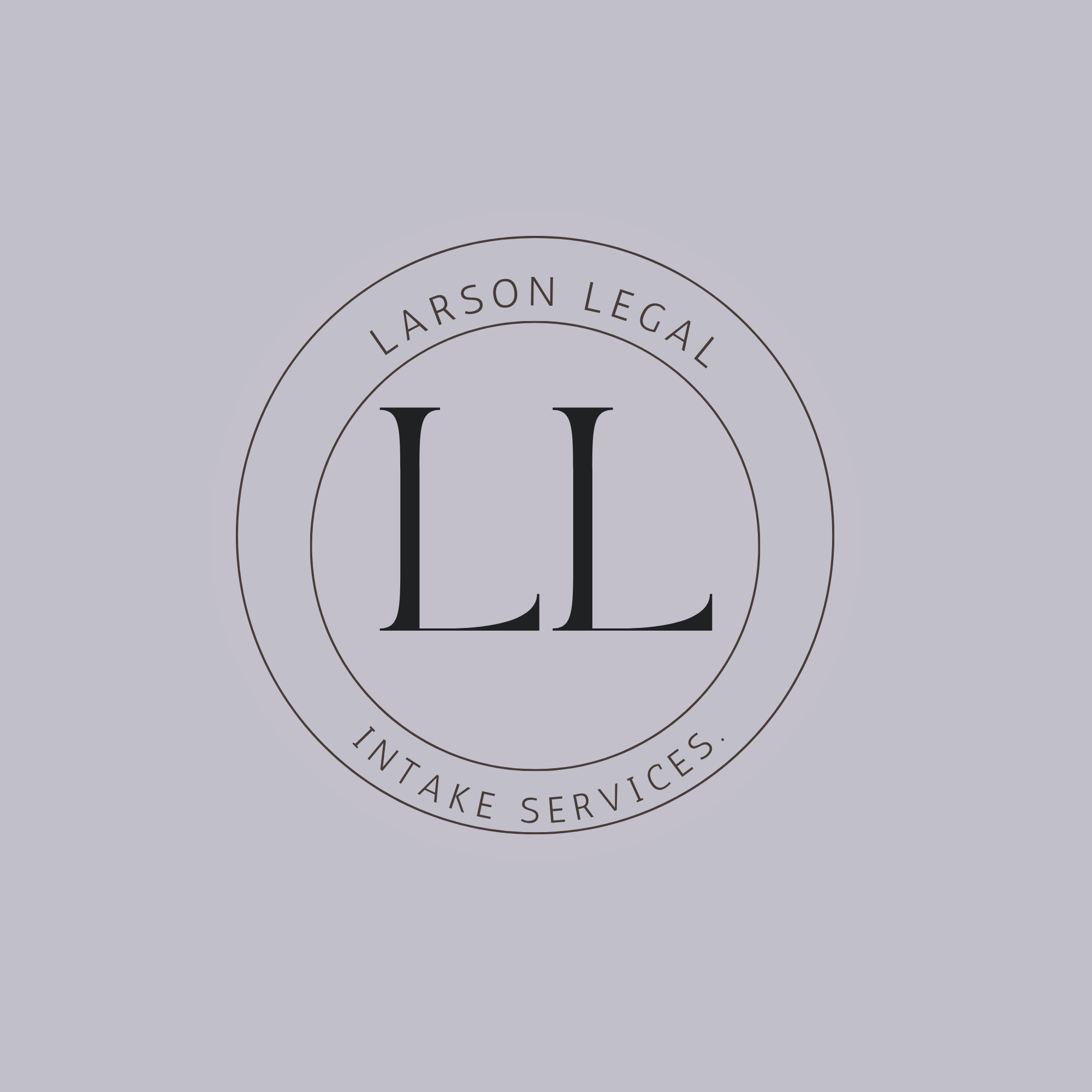Close-up of a circular logo with the text "Larson Legal Intake Services" surrounding large centralized initials "LL" on a light gray background.