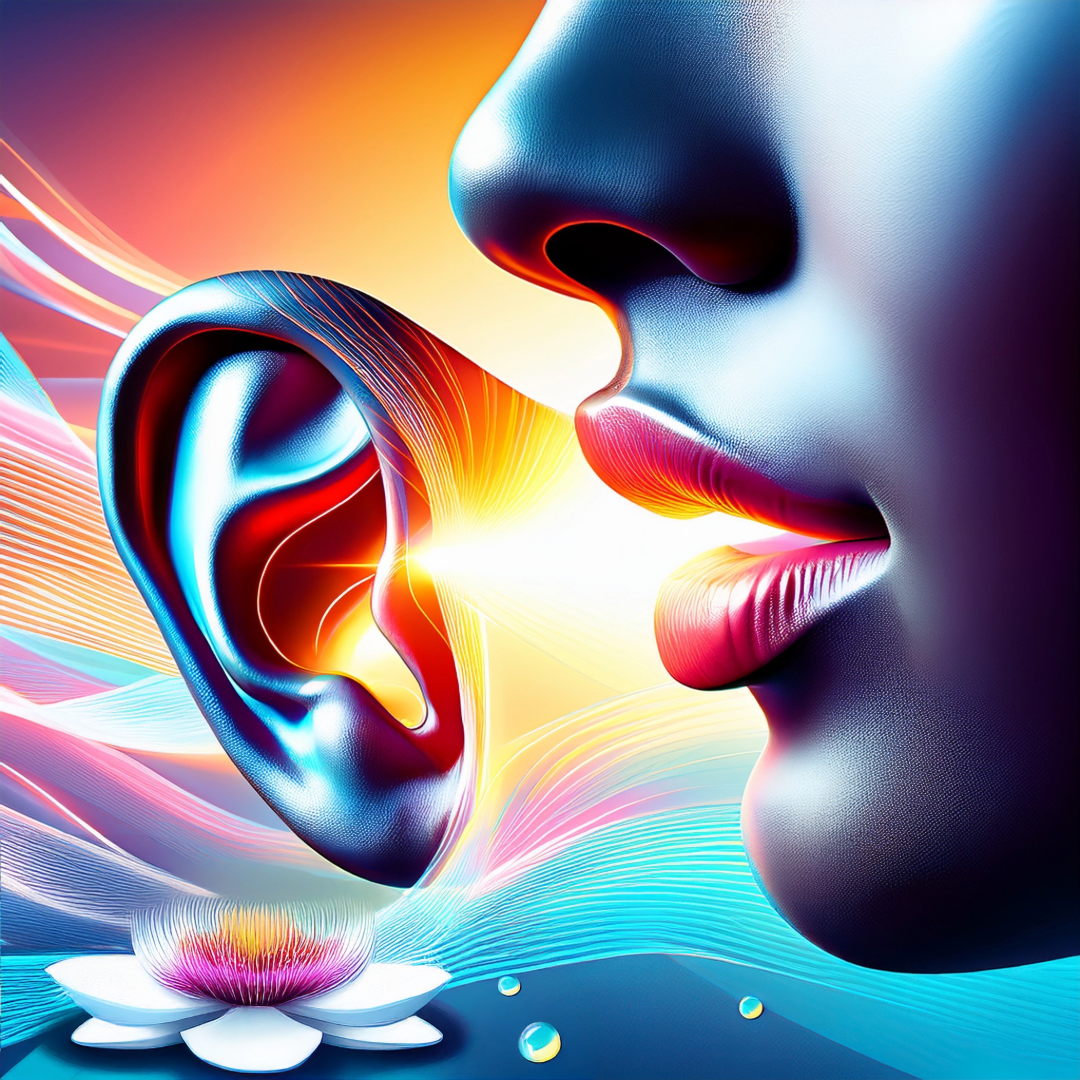 Digital artwork of a person's face in profile whispering into a stylized, abstract human ear with colorful, flowing lines and a glowing background, including a lotus flower at the bottom.