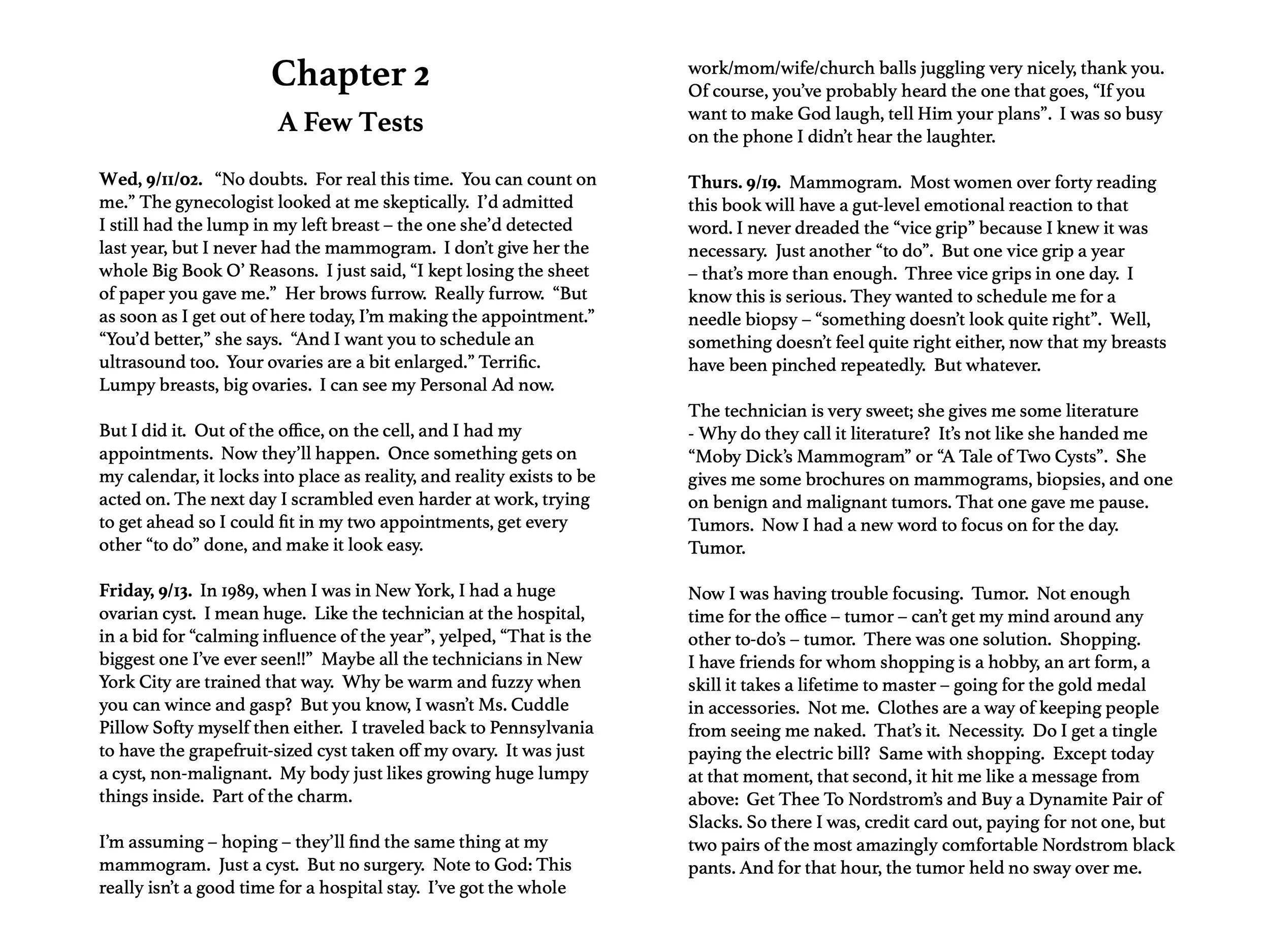 A scanned page from a book or document with text, titled 'Chapter 2 A Few Tests', with two columns of text discussing medical appointments, mammograms, and personal experiences.