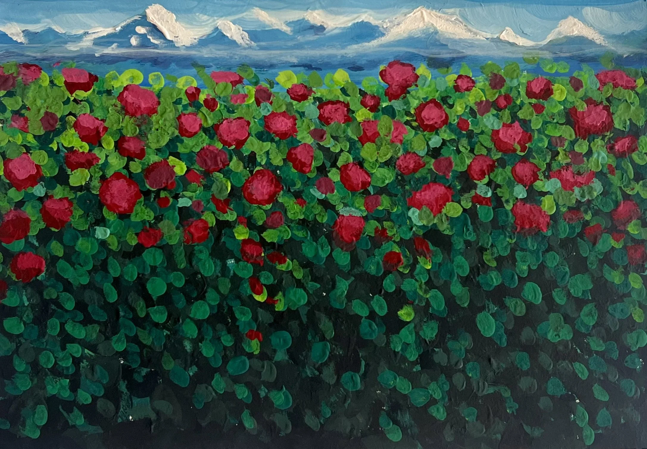 Red roses by mountains