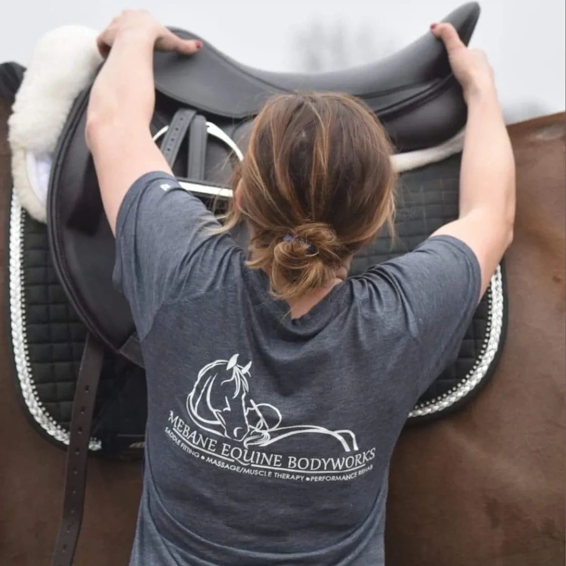 Certified independent specialist Tara Mebane checking saddle fit alignment, spinal clearance, and back muscle symmetry on a sport horse.