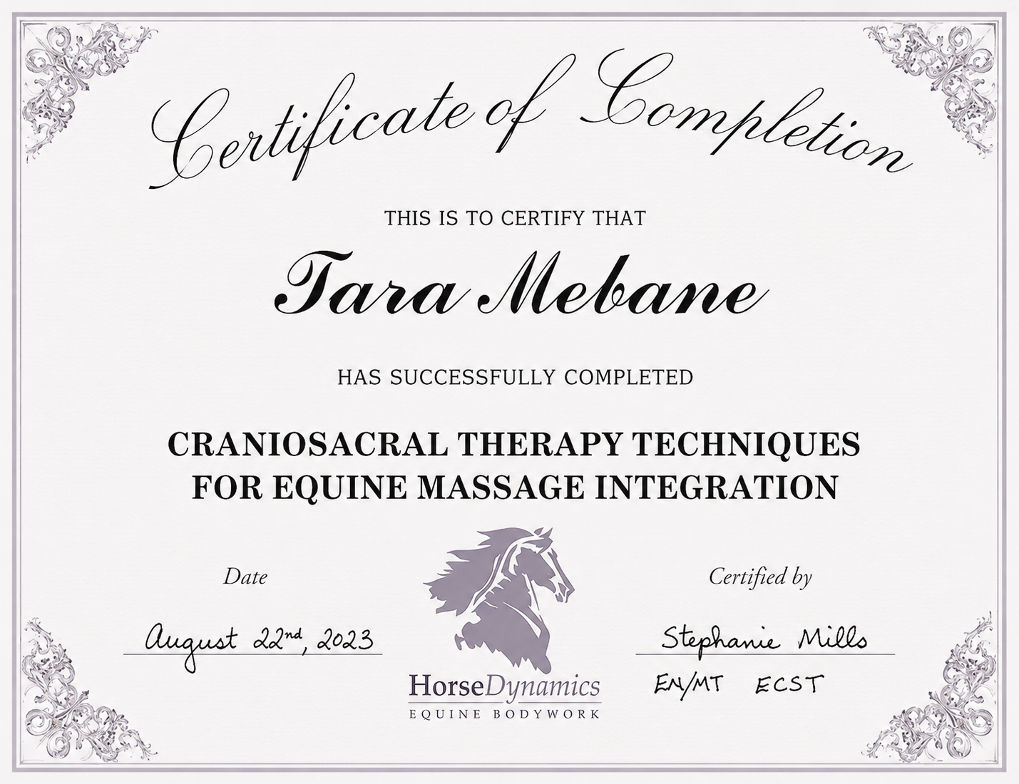 Craniosacral Therapy Techniques Integration certification for equine massage and bodywork sessions awarded to Tara Mebane.