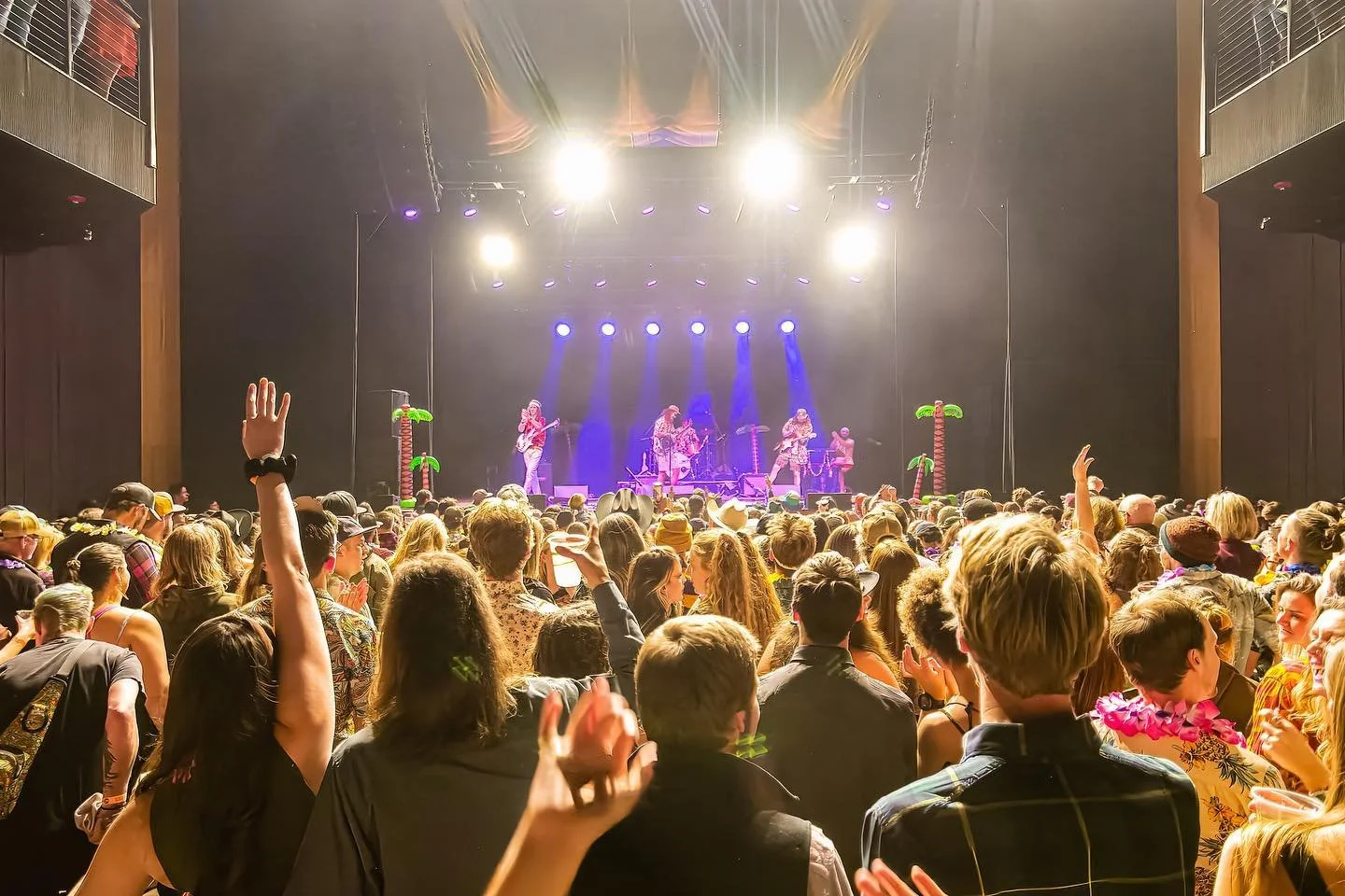 Crowd watching a live STiLGONE performance on stage with tropical palm tree decorations and bright stage lights.