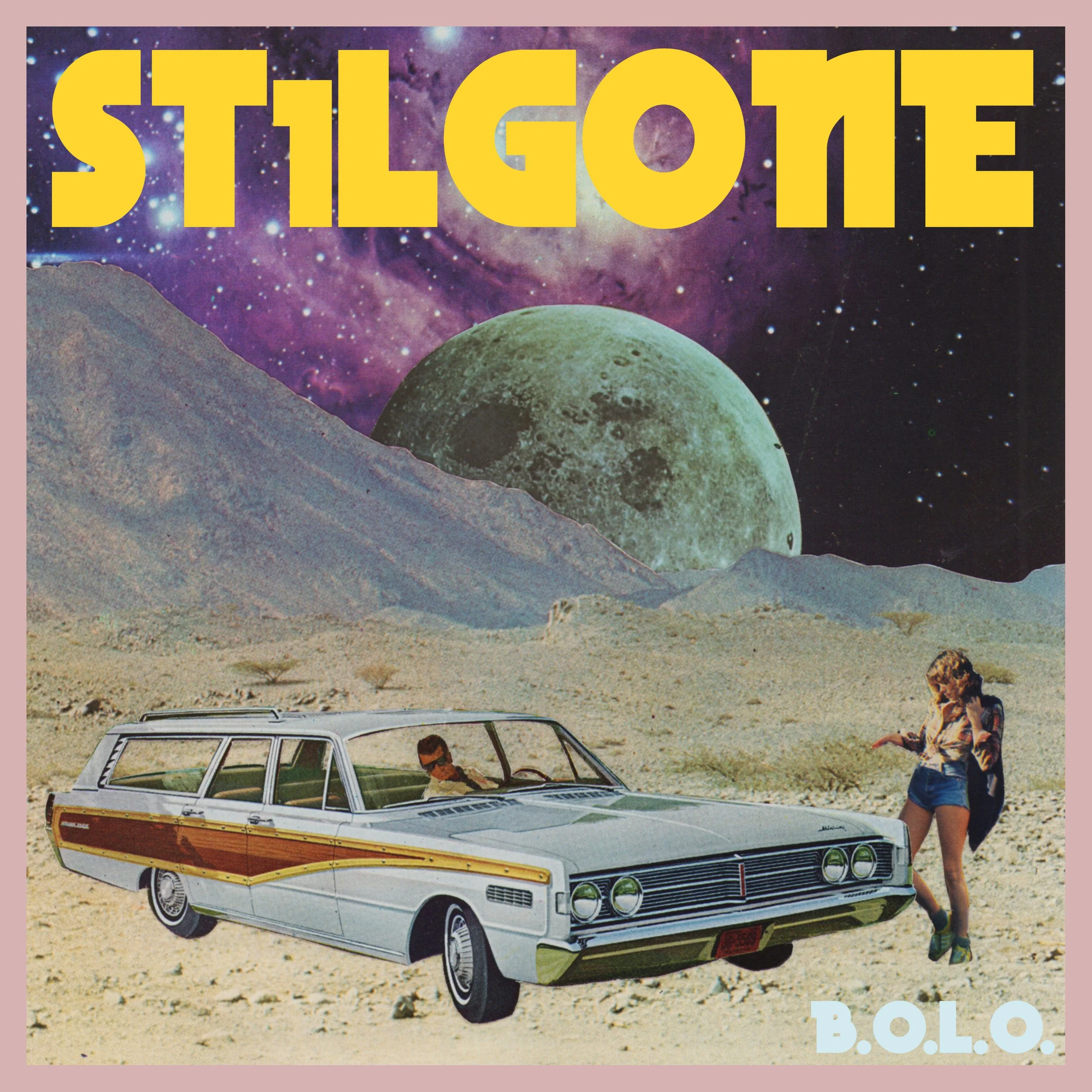 Cover art for "BOLO" from STiLGONE.  Features a collage with a station wagon on a barren planet with a girl standing by the front of the car.  A mountain and planets line the sky with celestial bodies in the background.