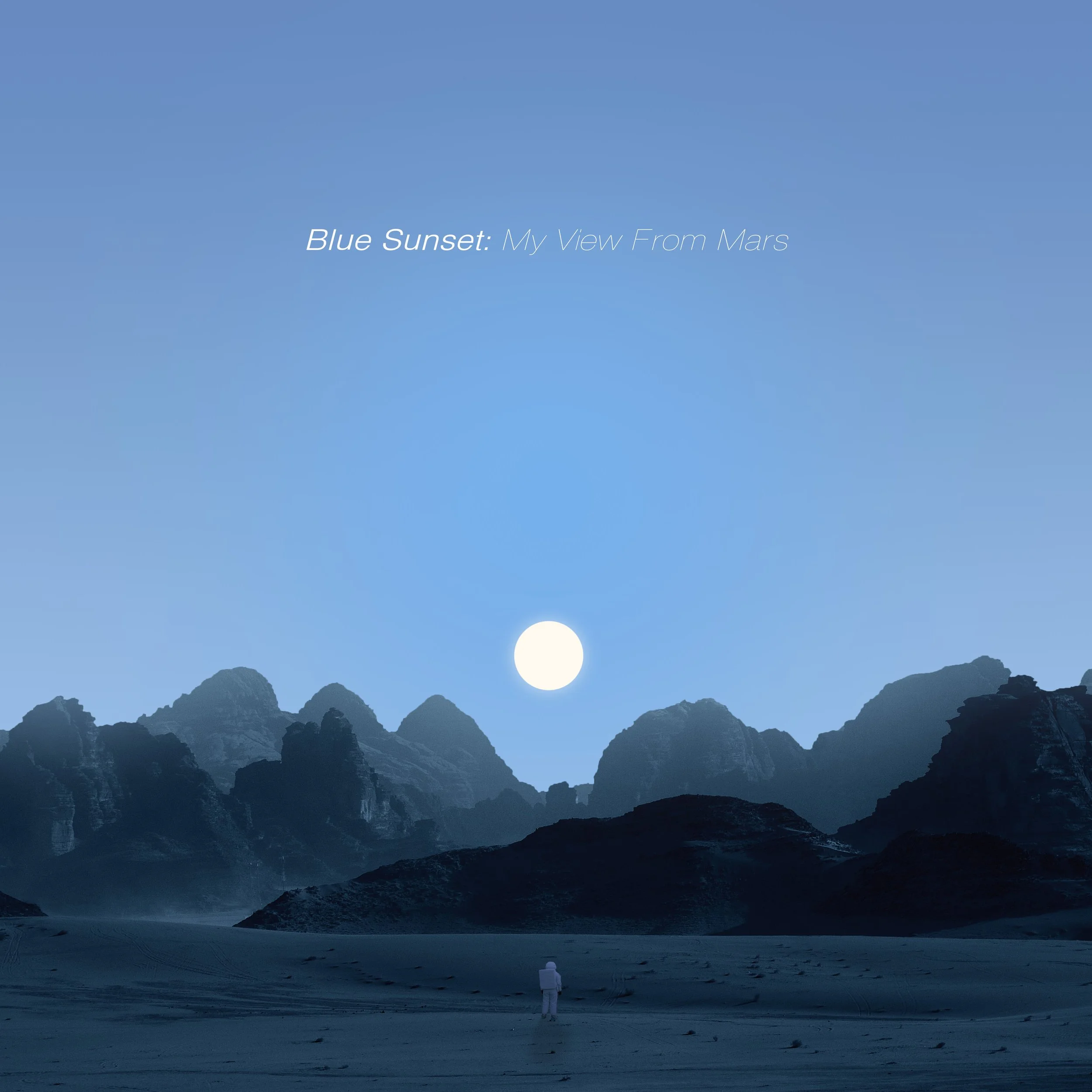 The cover for the Blue Sunset EP from C. Boy. A person standing on a flat, barren landscape under a deep blue sky, with mountains in the background and a large moon in the sky.