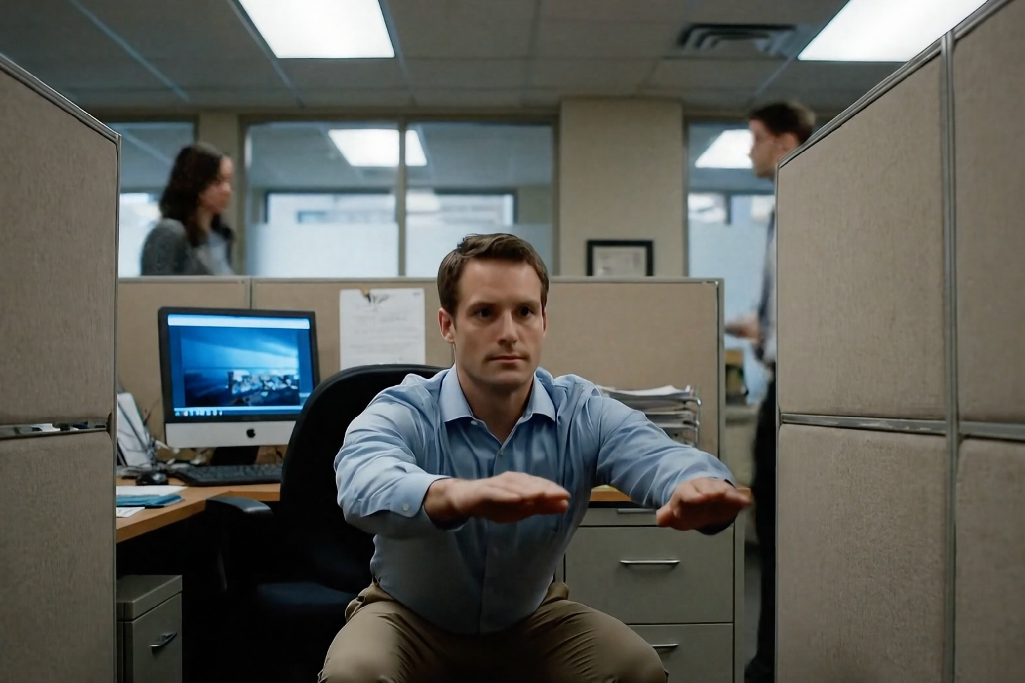 Image of a man working in a cubicle doing stretches
