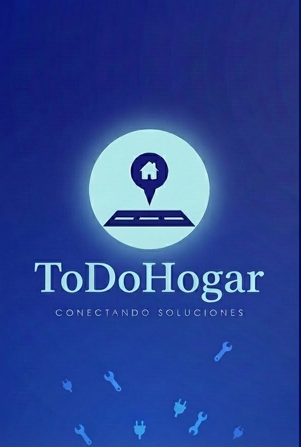 Blue promotional poster for ToDoHogar, a home services company, featuring a house icon inside a location marker above a road, with tools and electrical plug icons at the bottom.