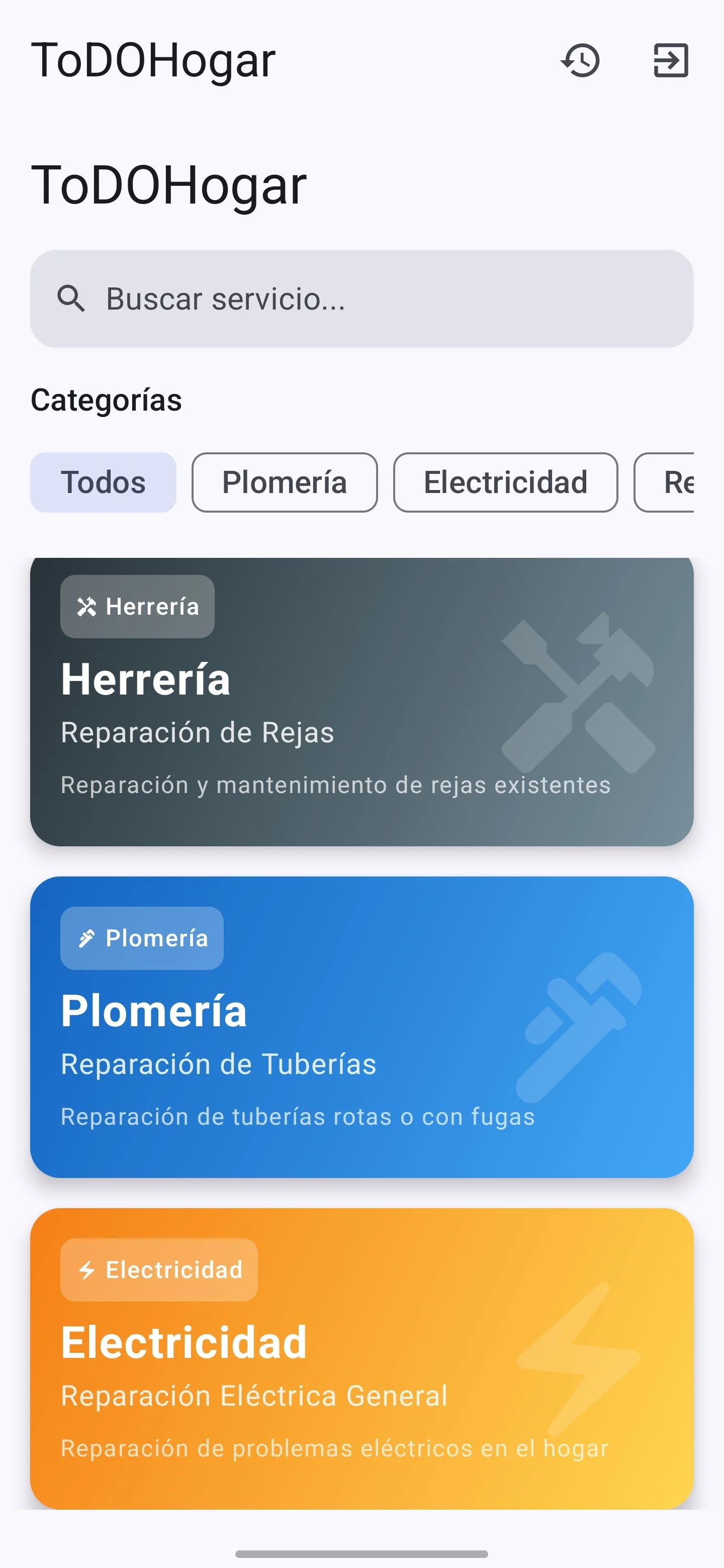 Screenshot of a mobile app interface for home repair services, showing categories like 'Herrería' (black background), 'Plomería' (blue background), and 'Electricidad' (orange background), with descriptions of repair services available.