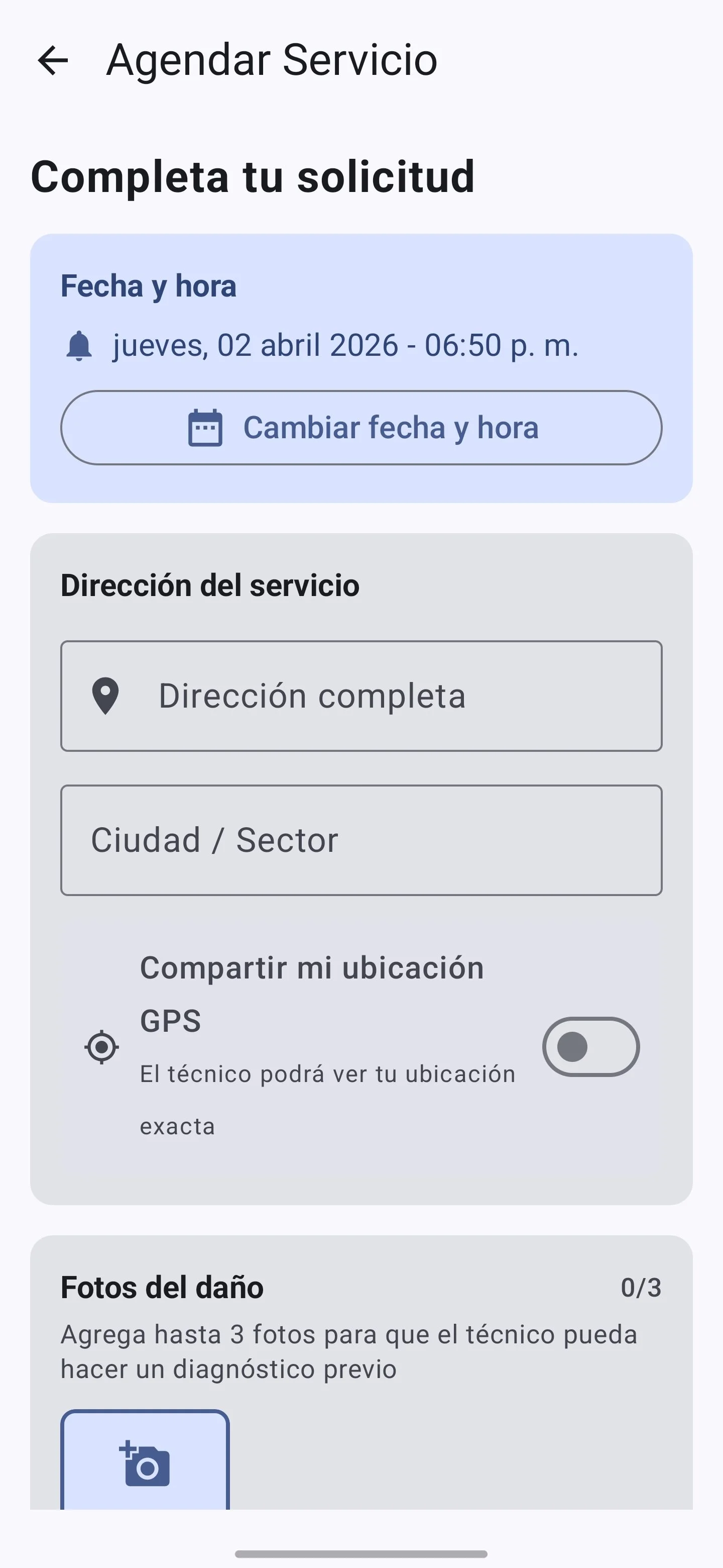 Mobile app screen for scheduling a service appointment, showing date, time, address, and photo upload sections.