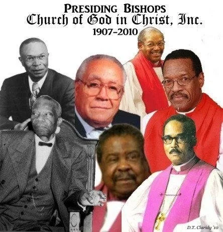 Collage of seven African American bishops with text honoring Bishops presiding over the Church of God in Christ from 1907 to 2010.