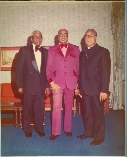 {left to right the late Bishop Otha Miema Kelly - General Board Member, Eastern New York Jurisdiction, the late Bishop Frederick Douglas Washington, General Board Member, Eastern New York Jurisdiction, the late Bishop Louis Henry Ford, Former Presidi
