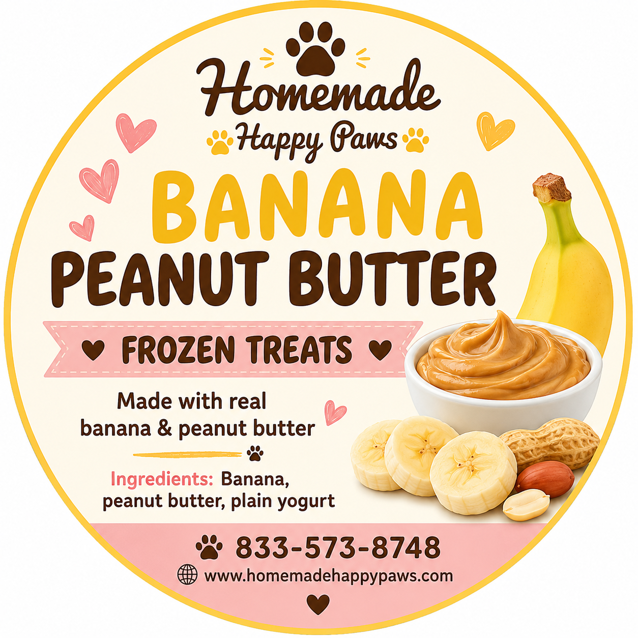 A circular label for homemade banana peanut butter frozen treats, featuring images of a banana, peanut butter in a bowl, and fresh peanuts. The label includes colorful hearts and paw prints, with text emphasizing real banana and peanut butter ingredients.