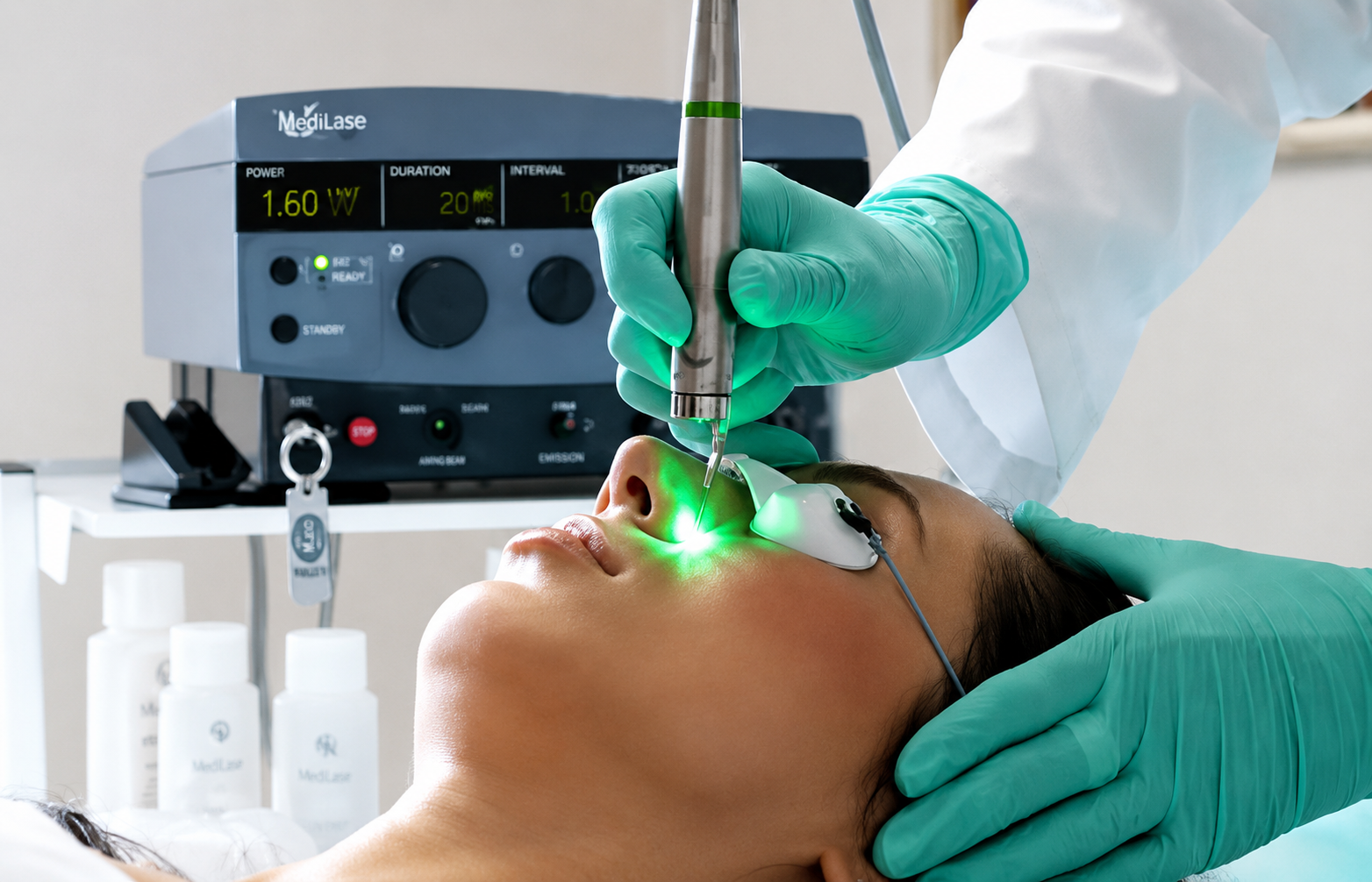 A person receiving a laser treatment on their nose by a healthcare professional in medical gloves, with medical equipment and bottles in the background.