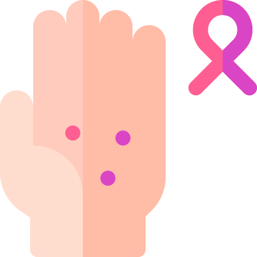Illustration of a hand with three pink and purple pills on it and a pink awareness ribbon symbol.