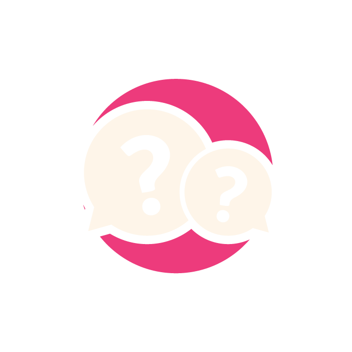 Two speech bubbles with question marks inside, overlapping, on a pink circular background.
