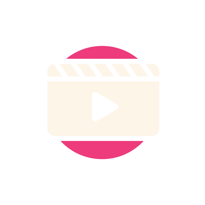 Icon of a film clapperboard with a play button, overlayed on a pink circle with a dark gray background.
