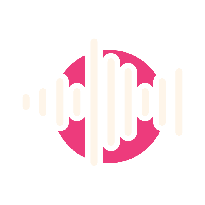Sound wave graphic in white with a pink circle background.