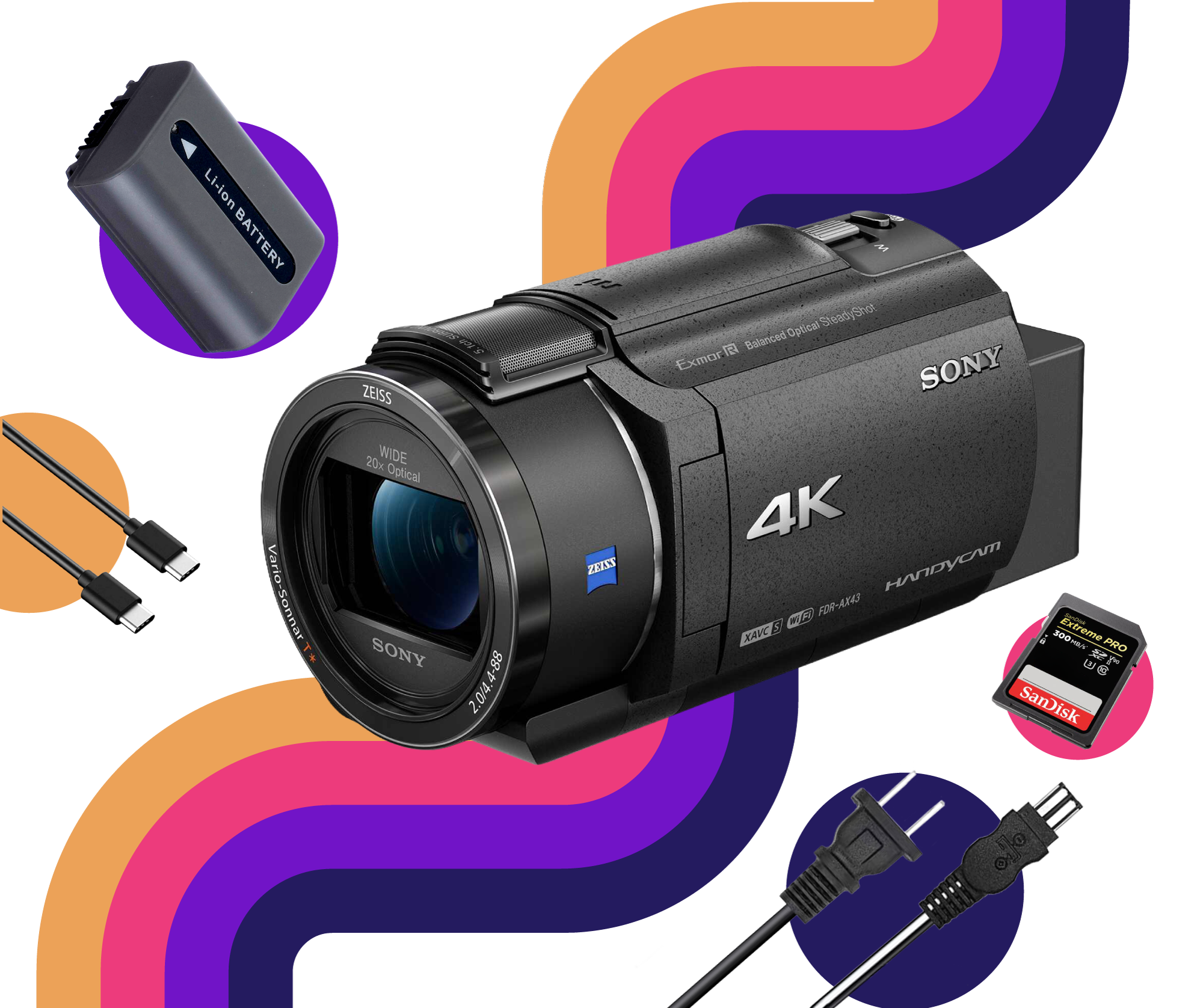 A digital camera with a zoom lens, an extra battery, an SD card, and various power and data cables displayed against a colorful abstract background.