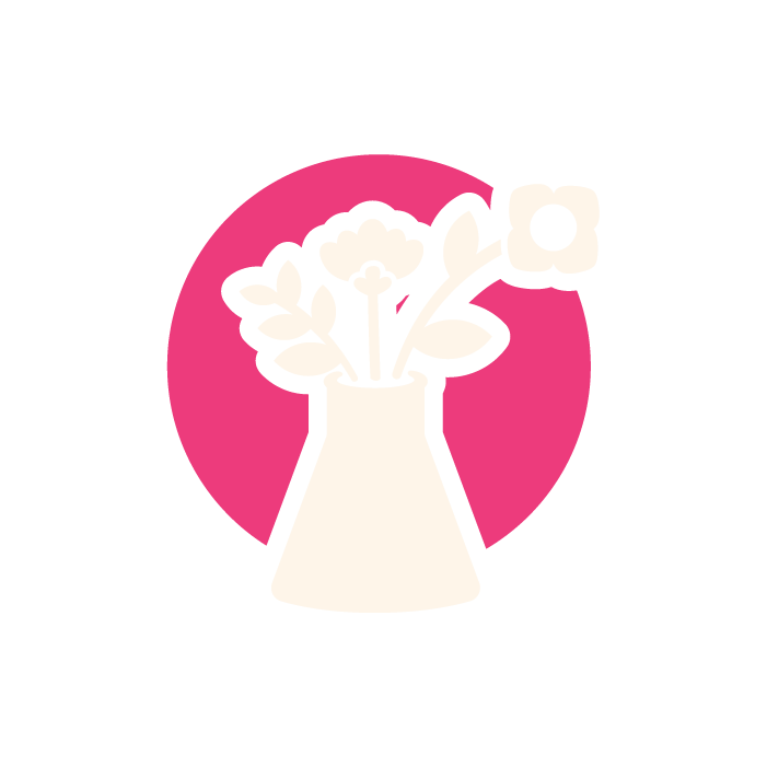 Icon of a flower vase with three flowers and leaves, set against a pink circular background.