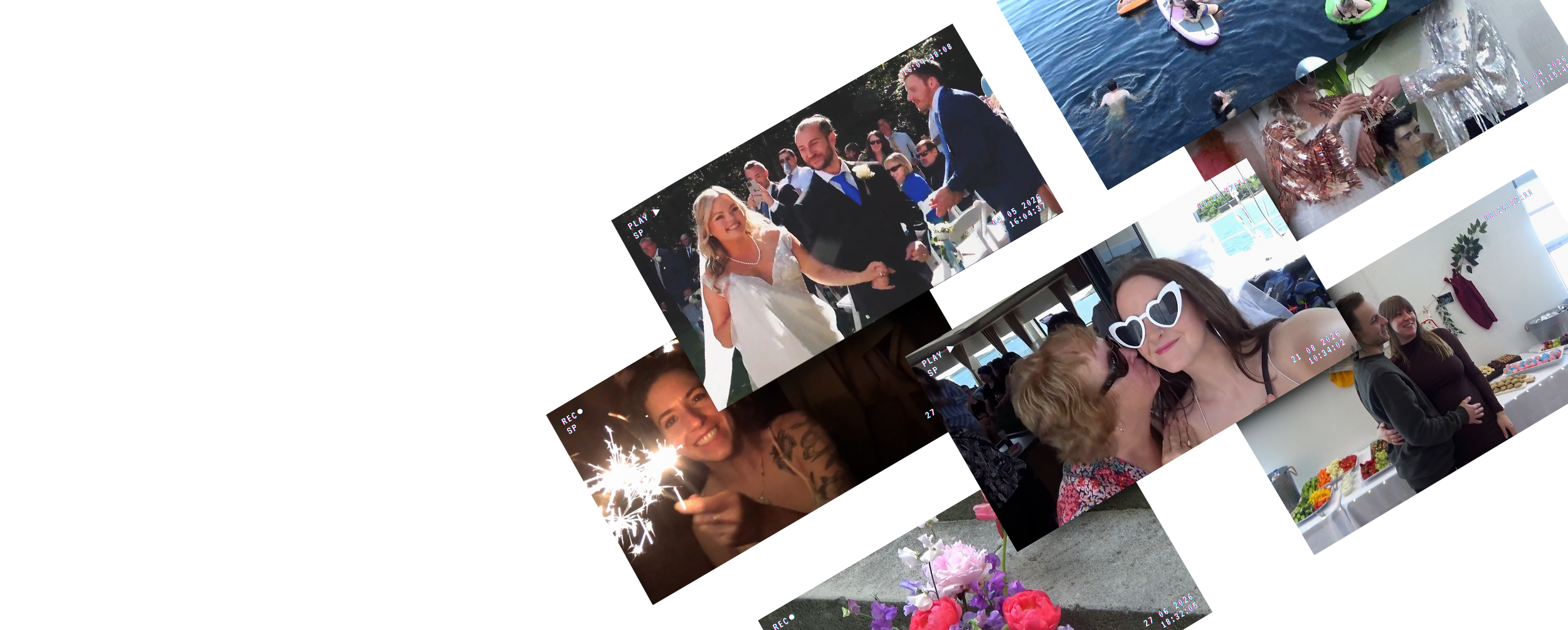 Collection of candid photos from a wedding celebration including a bride and groom, people swimming, a woman with sunglasses, a woman lighting sparklers, and food tables with desserts.