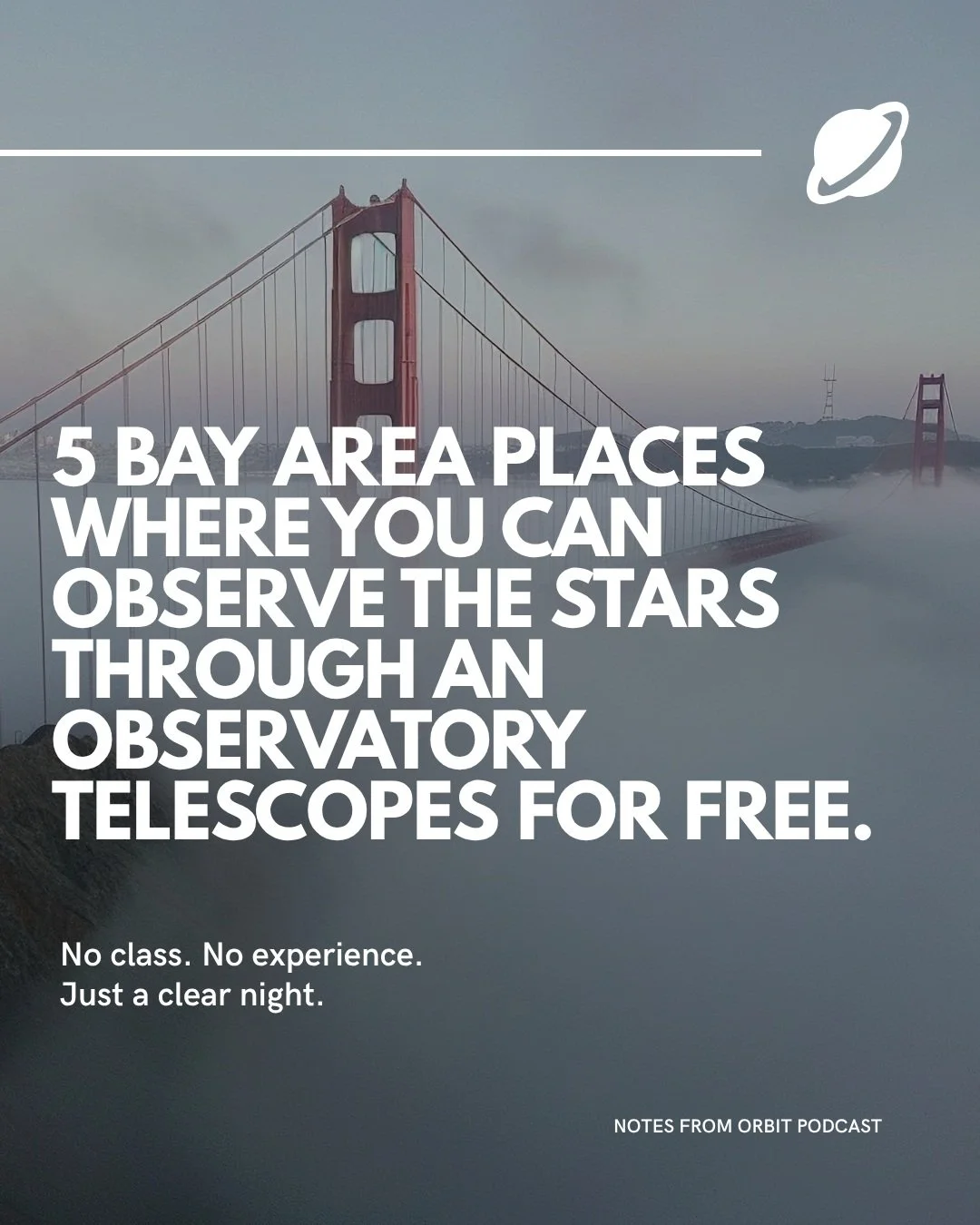 You don't need to own a telescope to see Saturn's rings. 

These 5 Bay Area observatories open their telescopes to the public for free. They include a 36-inch telescope in Oakland, solar viewing on Saturday mornings, stargazing with live jazz, and a 