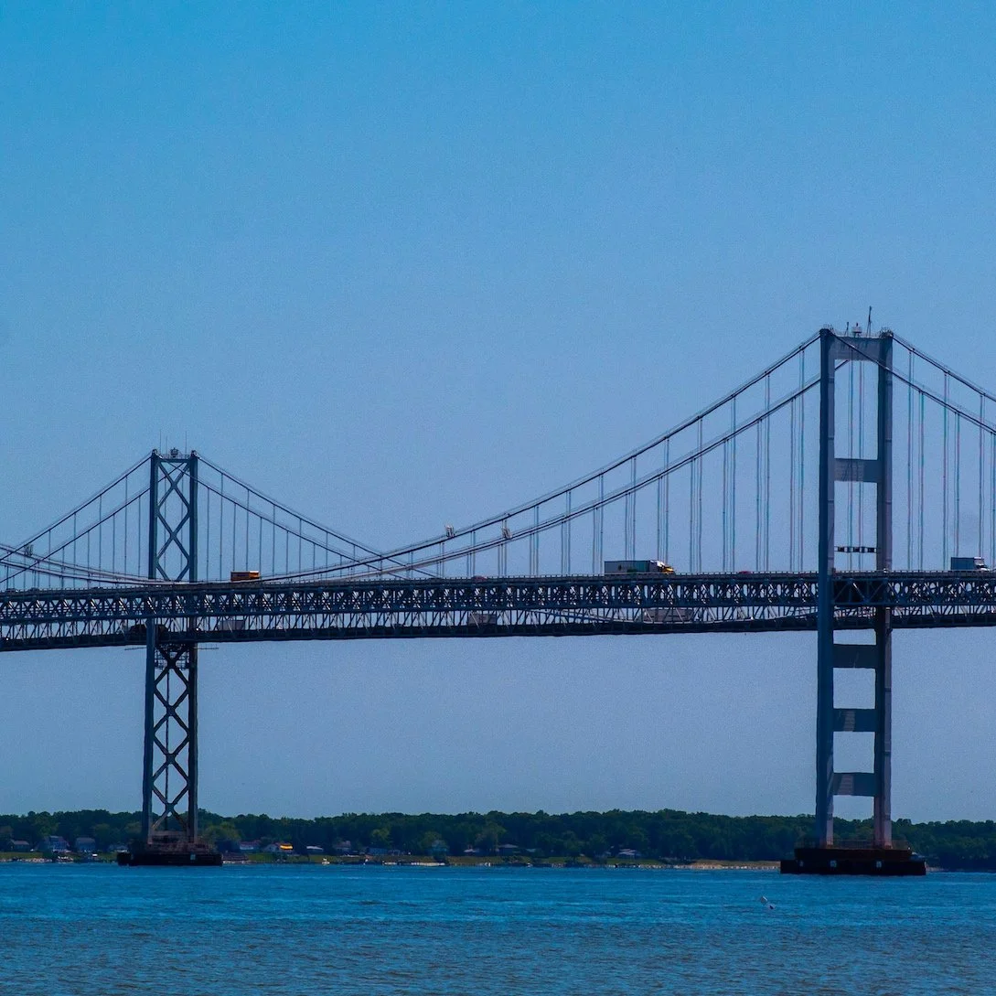 A view of the Chesapeake Bay Bridge from the shore.
