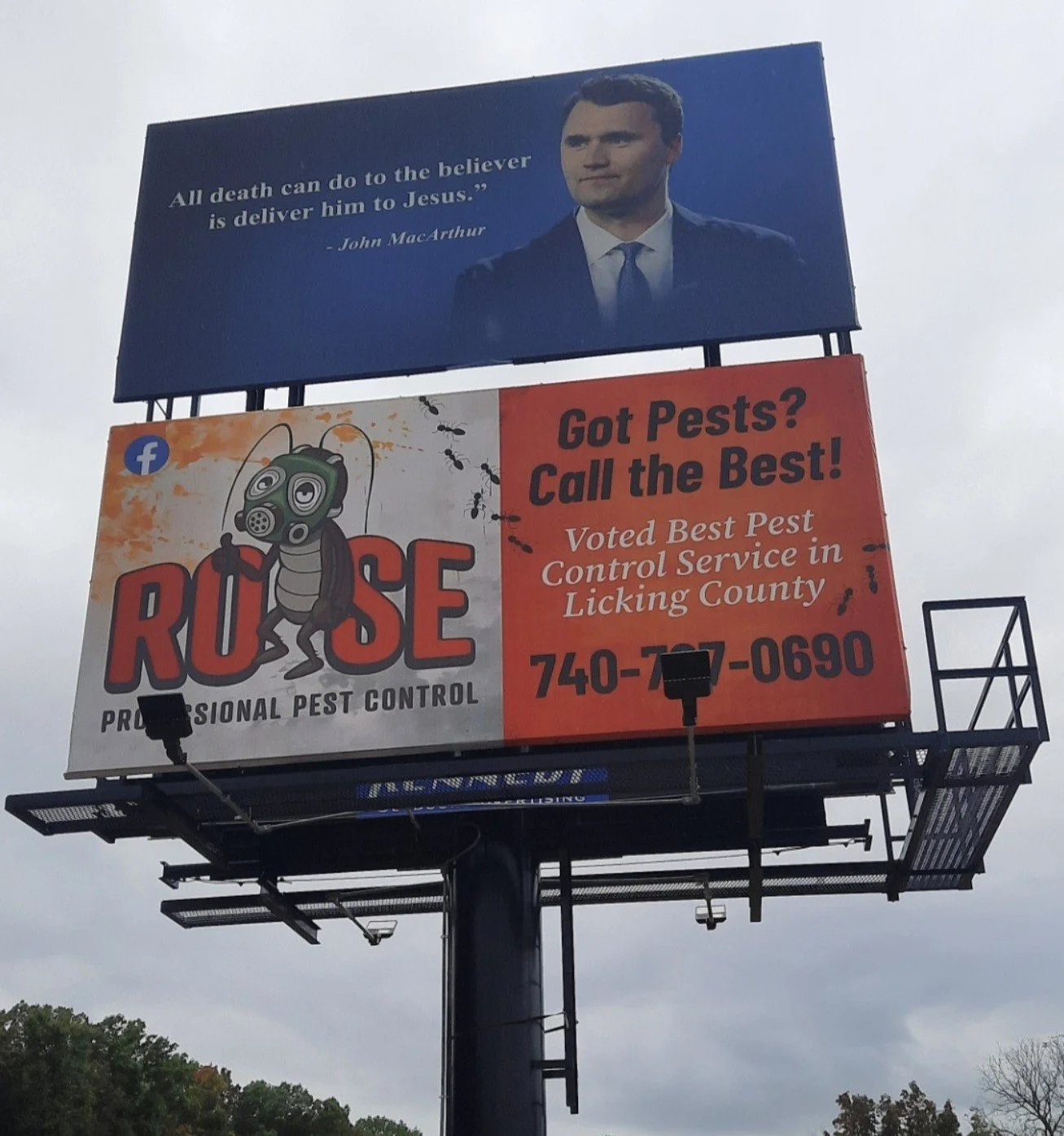 Billboard with a political quote at the top, an advertisement for a pest control business named 'ROSE Professional Pest Control' in the middle, and a phone number at the bottom. The billboard is outdoors under a cloudy sky.