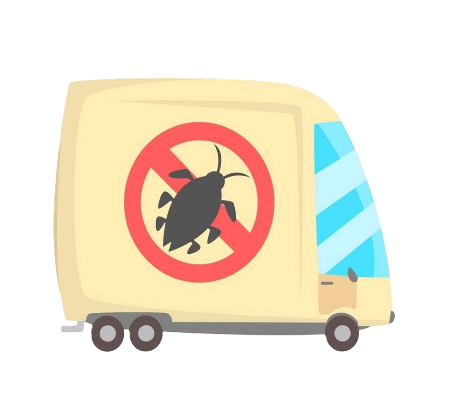 A cartoon delivery truck with a large red no-bug symbol on the side.