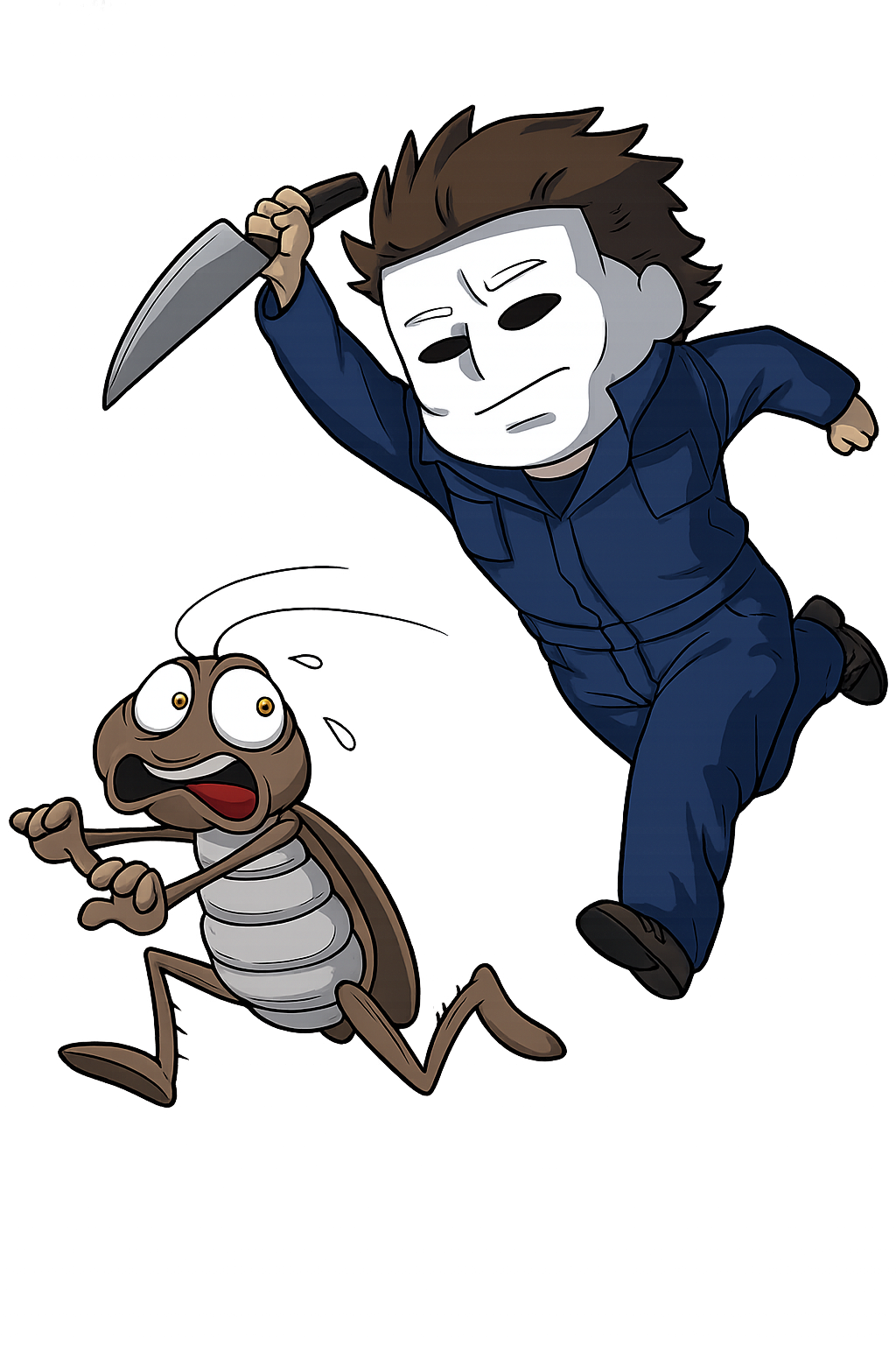 A cartoon security guard with a skull mask wielding a large knife chases a frightened cockroach through a colorful, futuristic backdrop.