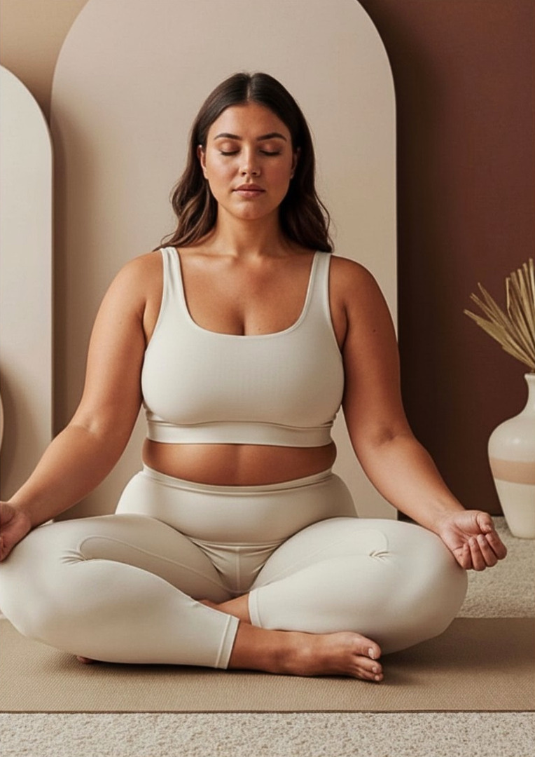 A woman practicing meditation or yoga in a seated pose, with eyes closed, sitting on a beige mat in a peaceful indoor setting, wearing a white sports bra and matching leggings.