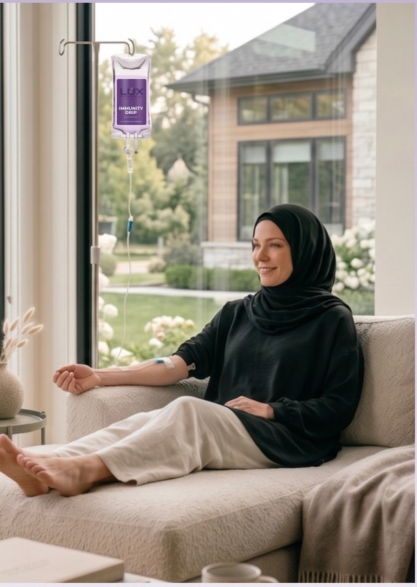 A woman wearing a black hijab and black top sitting on a beige couch with her arm extended, receiving an IV drip in a peaceful room with large windows showing a house and greenery outside.