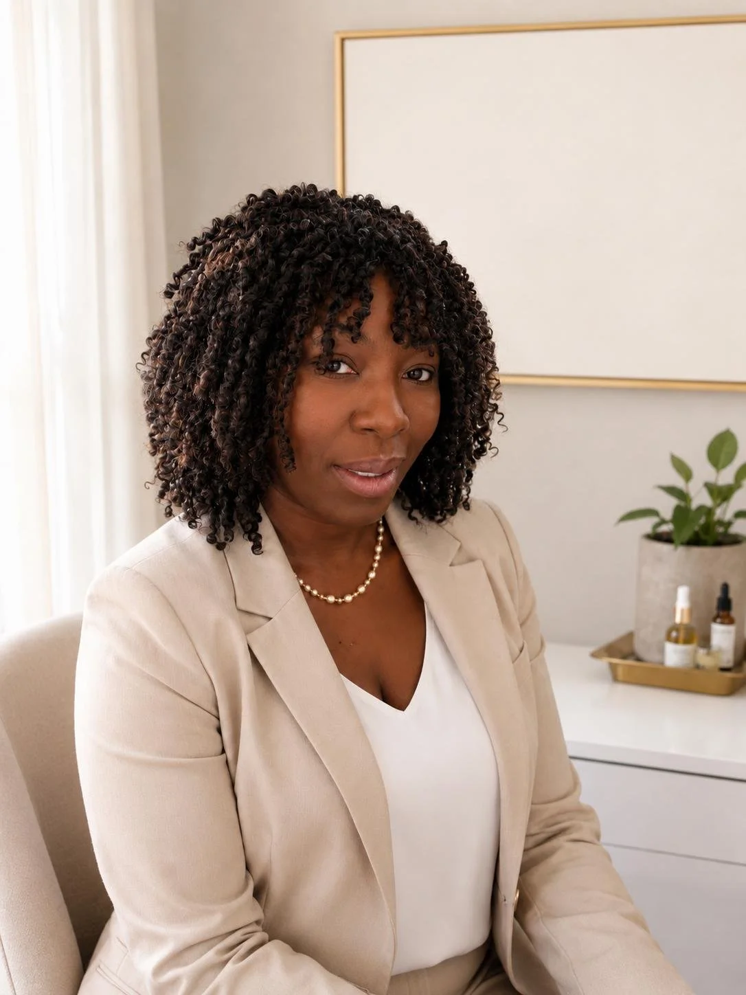 A woman with curly hair wearing a beige blazer and a pearl necklace sitting in a cream-colored armchair in a modern office or clinic, with plants and bottles on a tray on a white desk behind her.