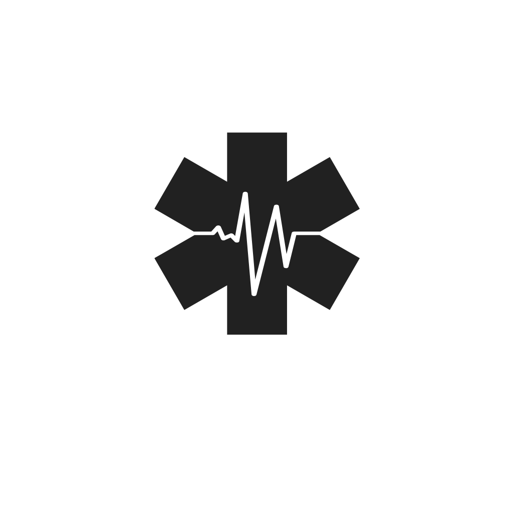 Emergency medical symbol with a star of life and a heartbeat line in the center.