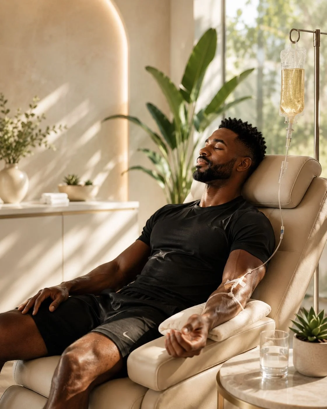 Man relaxing on a hospital chair with an IV drip, surrounded by indoor plants and sunlight.