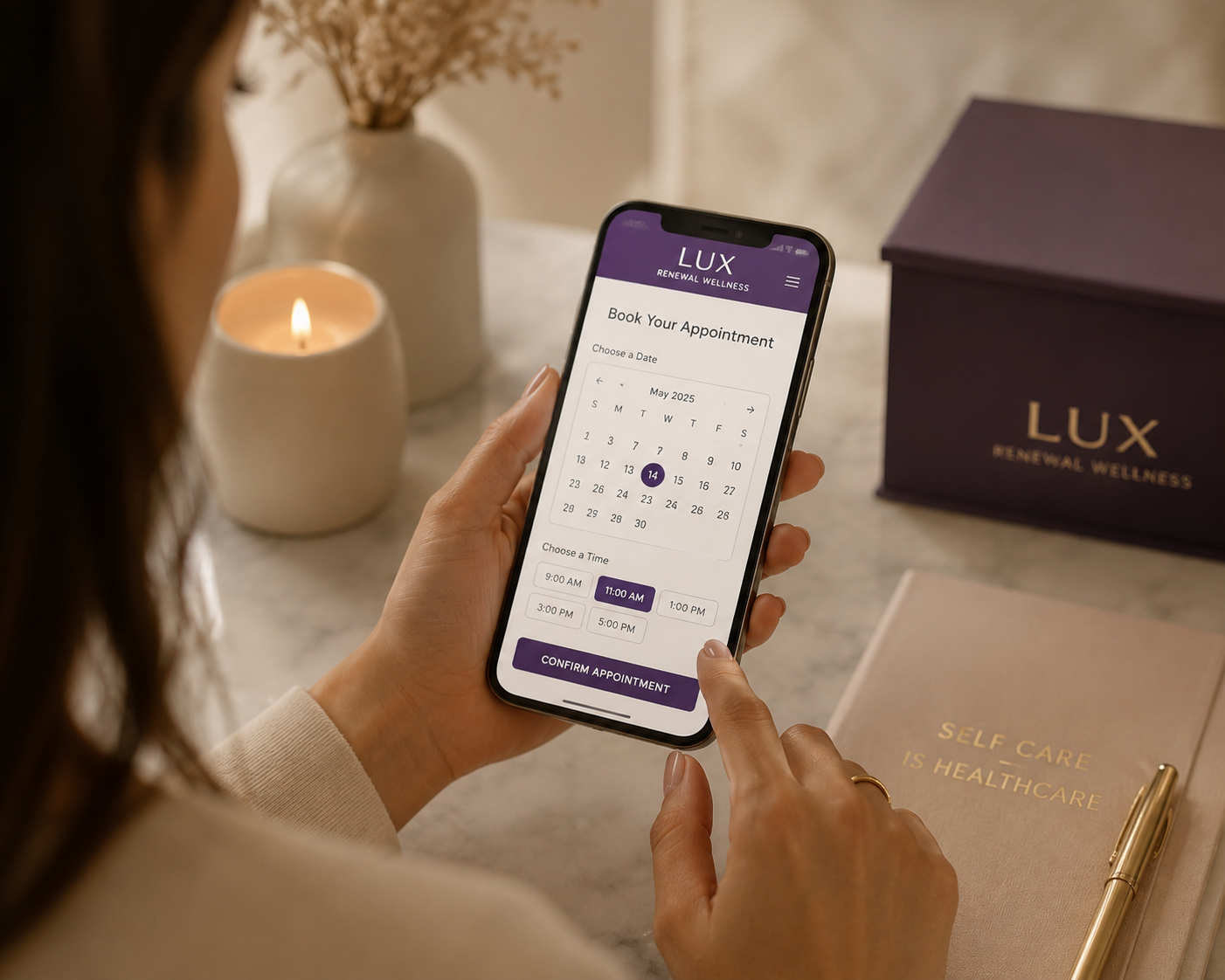 Woman using a smartphone to book an appointment on the LUX Renewal Wellness app, with a candle and wellness box on a table.