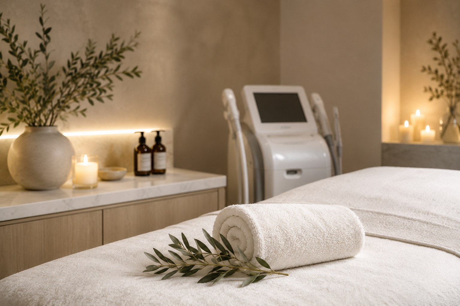 A towel with olive leaves on a massage table in a spa room with candles and a machine in the background.
